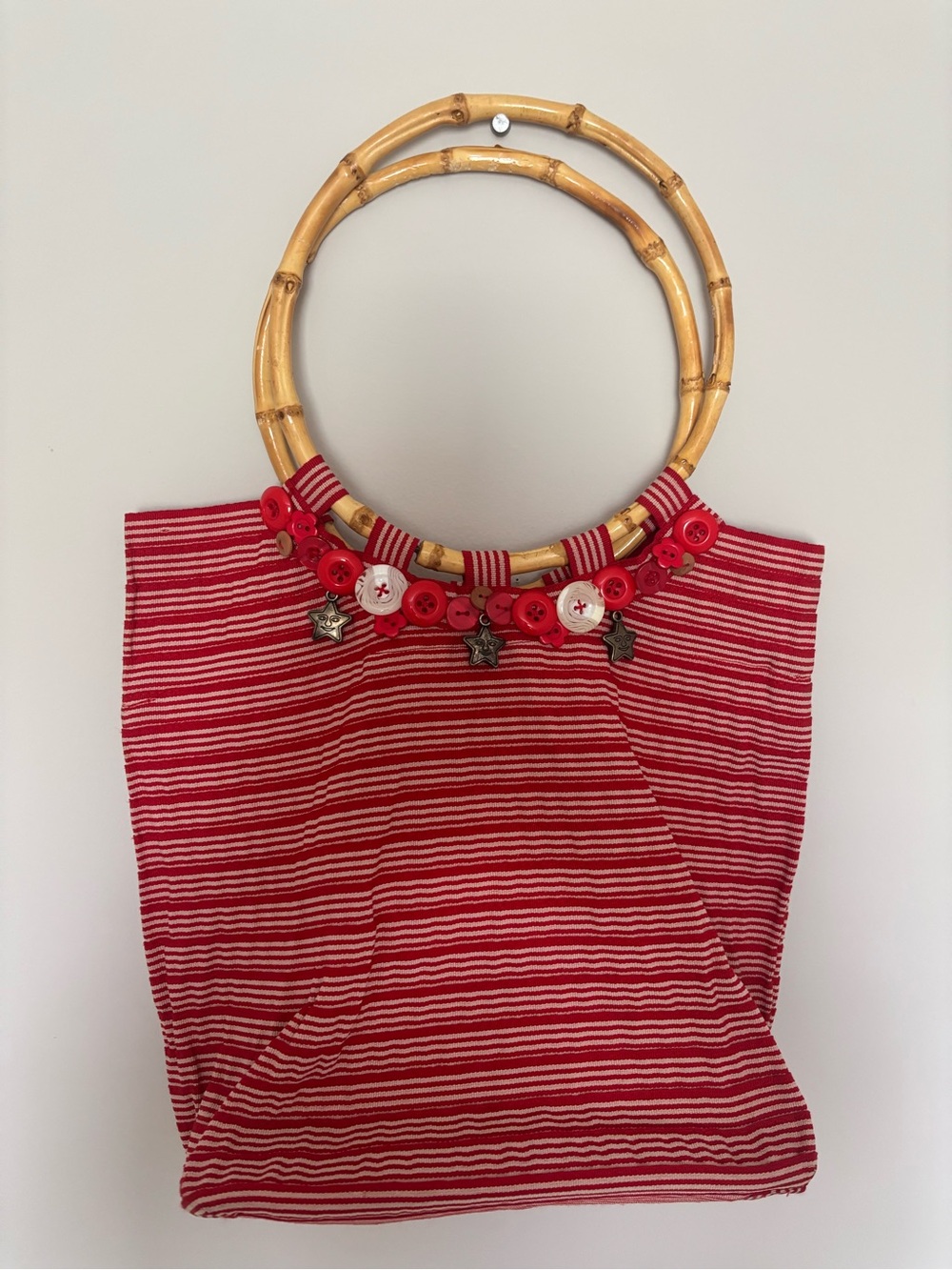 Red Striped Shoulder Bag with Bamboo Handles